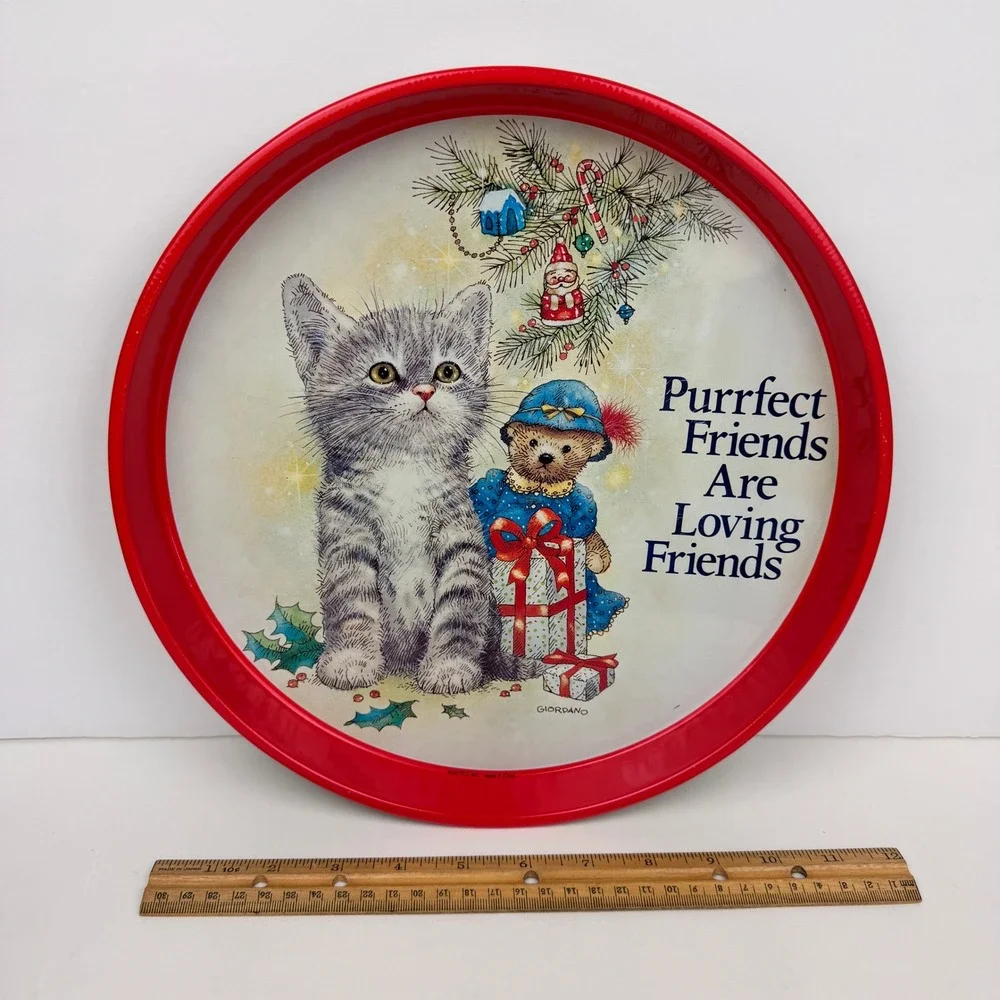 Vtg Giftco Purrfect Friends are Loving Friends Cat Christmas Round Tray Giordano